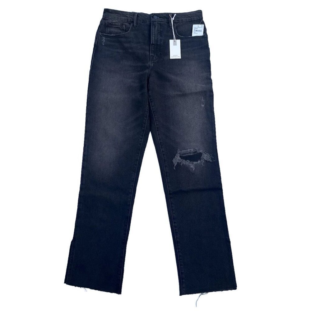 Good American Good Boy Straight Leg Jeans Black Distressed Knee Size 2 - Picture 3 of 16